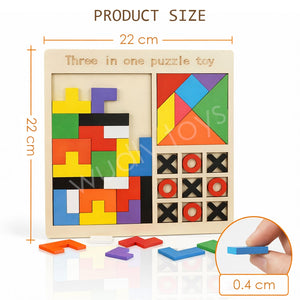 Wudly Wooden Tetris Block Puzzle, Tangram Game & Tic Tac Toe - Wooden Puzzles