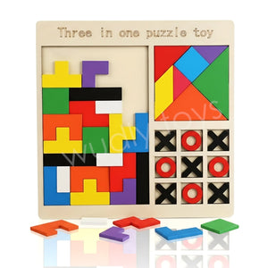 Wudly Wooden Tetris Block Puzzle, Tangram Game & Tic Tac Toe - Wooden Puzzles