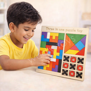 Wudly Wooden Tetris Block Puzzle, Tangram Game & Tic Tac Toe - Wooden Puzzles