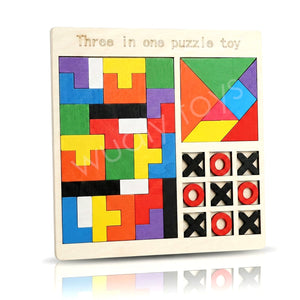 Wudly Wooden Tetris Block Puzzle, Tangram Game & Tic Tac Toe - Wooden Puzzles