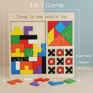 Wudly Wooden Tetris Block Puzzle, Tangram Game & Tic Tac Toe - Wooden Puzzles