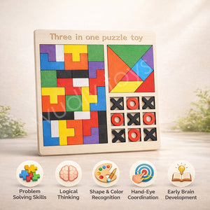Wudly Wooden Tetris Block Puzzle, Tangram Game & Tic Tac Toe - Wooden Puzzles