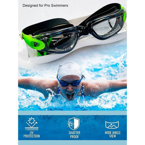 X Factor Black & Green UV protected Unisex Swimming Goggles with attached Ear Plugs for Teens - Little Surprise BoxX Factor Black & Green UV protected Unisex Swimming Goggles with attached Ear Plugs for Teens