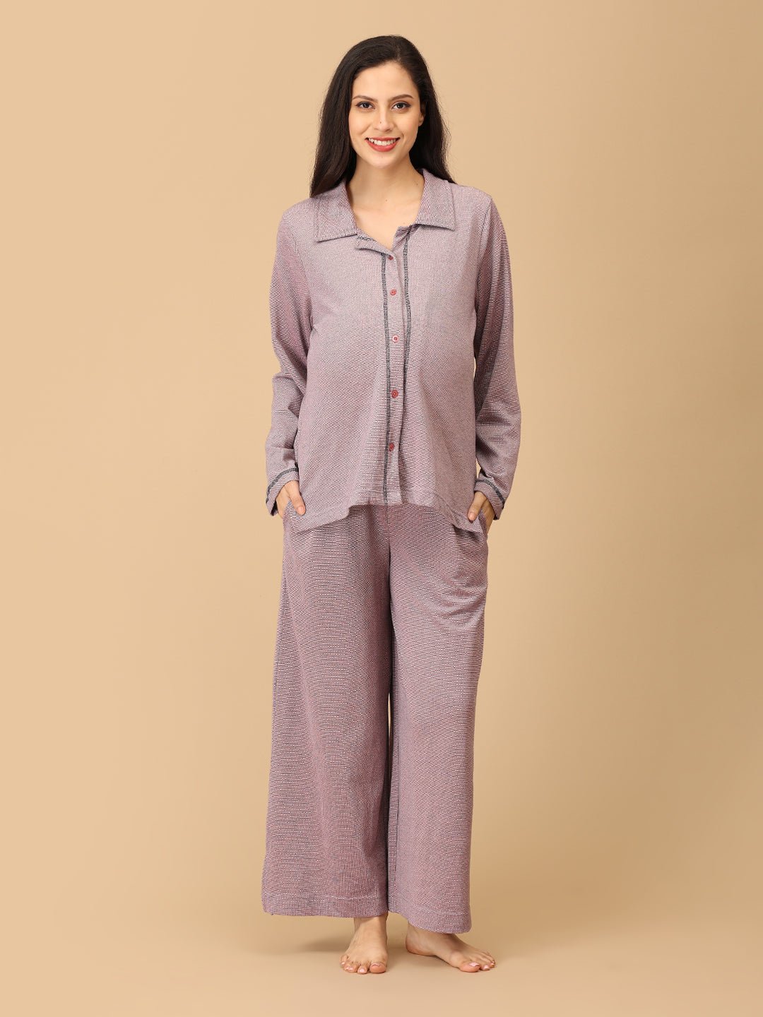Stay comfortable and stylish through every stage of motherhood with our Yawn & On Maternity and Nursing Nightwear Set. Crafted from soft, breathable cotton-blend fabric, this nightwear set features a button-down top for easy nursing access and elasticated waistband pants for a perfect fit during and after pregnancy. Designed for all-day comfort, it’s ideal for maternity sleepwear, lounging, and postpartum wear. The relaxed silhouette and elegant collared design add a touch of sophistication to your bedtime 