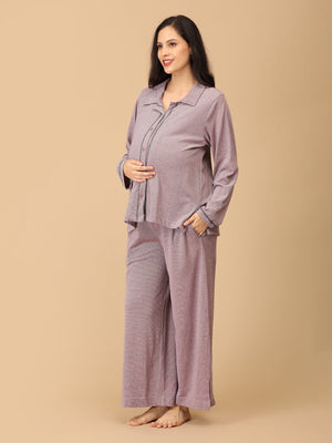 Stay comfortable and stylish through every stage of motherhood with our Yawn & On Maternity and Nursing Nightwear Set. Crafted from soft, breathable cotton-blend fabric, this nightwear set features a button-down top for easy nursing access and elasticated waistband pants for a perfect fit during and after pregnancy. Designed for all-day comfort, it‚Äôs ideal for maternity sleepwear, lounging, and postpartum wear. The relaxed silhouette and elegant collared design add a touch of sophistication to your bedtim