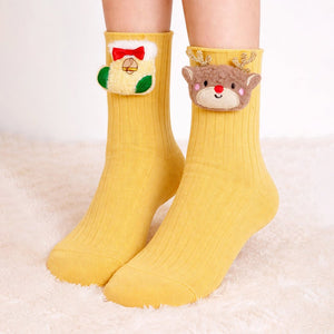 Yellow 3D Dear & Stockings Christmas Themed Ankle Length Socks For Kids - 2 - 4 Years Christmas