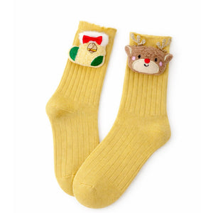 Yellow 3D Dear & Stockings Christmas Themed Ankle Length Socks For Kids - 2 - 4 Years Christmas