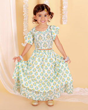 Yellow And Blue Floral Print Girls Lehenga Set - KES-SC-YBG-0-6