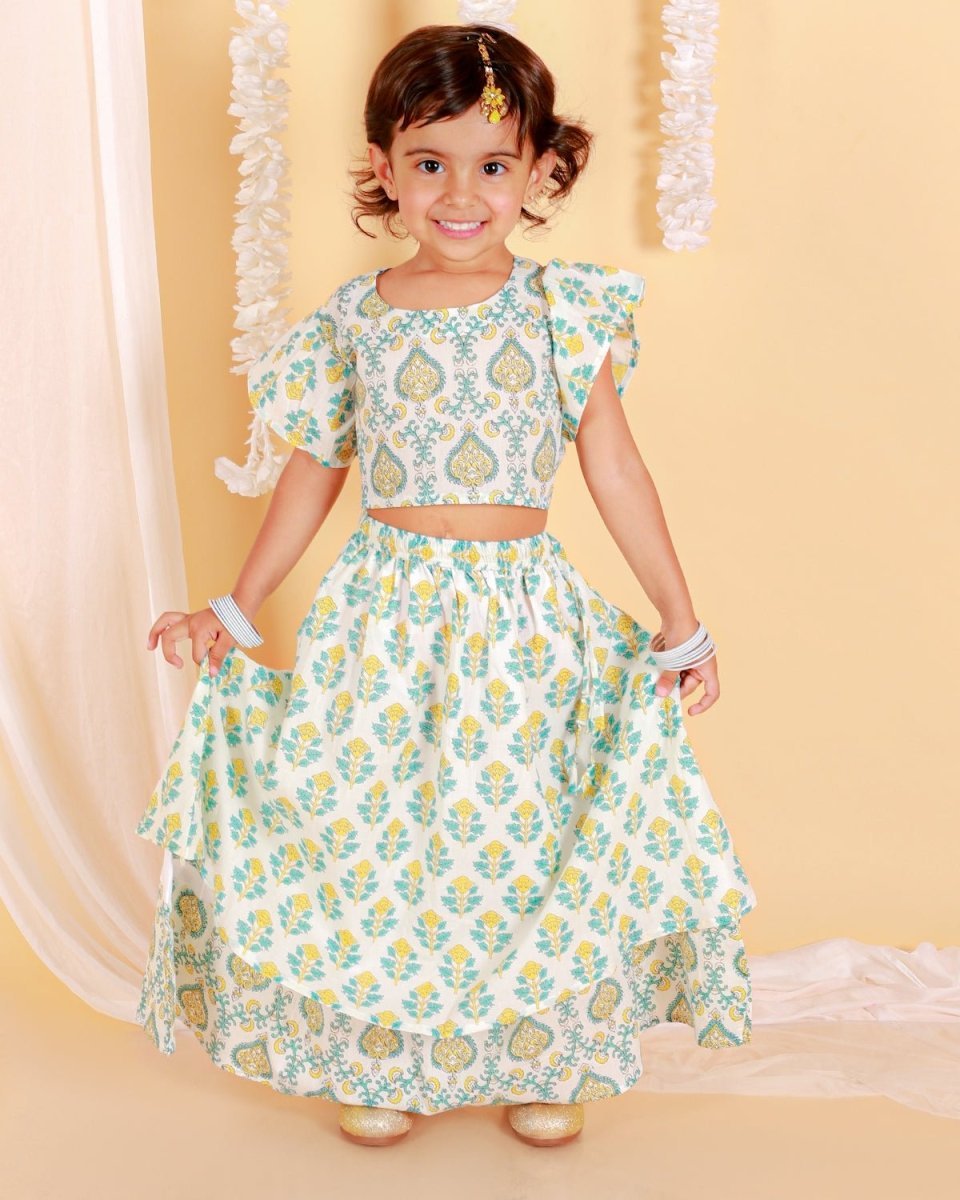 Yellow And Blue Floral Print Girls Lehenga Set - KES-SC-YBG-0-6