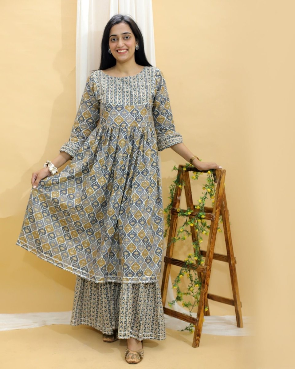 Yellow And Grey Floral Print Anarkali Kurta Sharara Set - TWNWN-SC-YGA-M