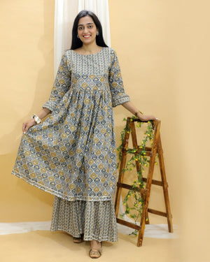 Yellow And Grey Floral Print Anarkali Kurta Sharara Set - TWNWN-SC-YGA-M