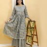 Yellow And Grey Floral Print Anarkali Kurta Sharara Set - TWNWN-SC-YGA-M