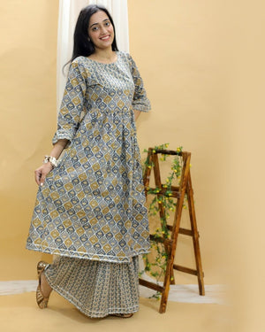 Yellow And Grey Floral Print Anarkali Kurta Sharara Set - TWNWN-SC-YGA-M