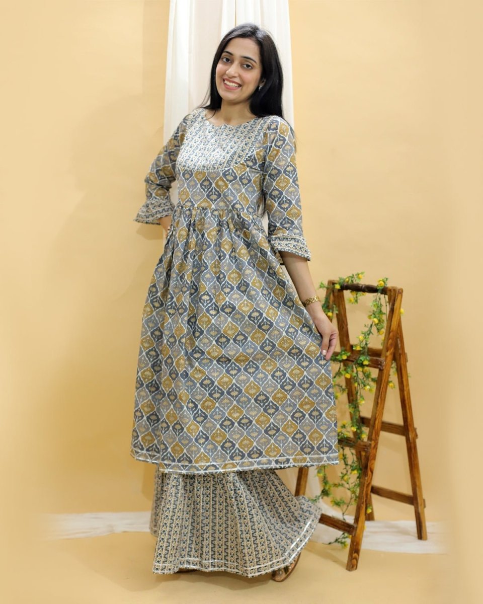 Yellow And Grey Floral Print Anarkali Kurta Sharara Set - TWNWN-SC-YGA-M