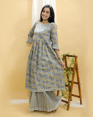 Yellow And Grey Floral Print Anarkali Kurta Sharara Set - TWNWN-SC-YGA-M