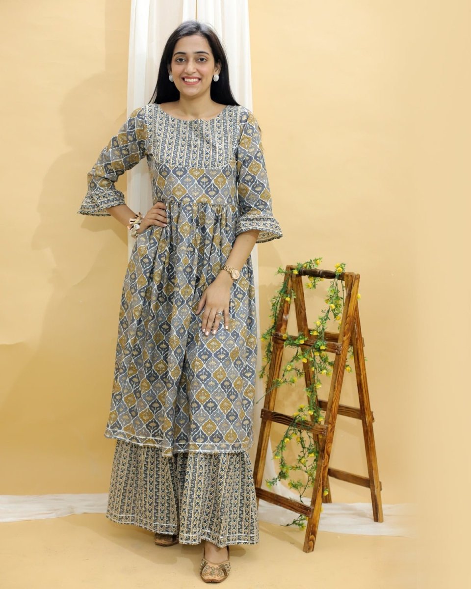 Yellow And Grey Floral Print Anarkali Kurta Sharara Set - TWNWN-SC-YGA-M