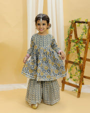 Yellow And Grey Floral Print Girls Anarkali Kurta Sharara Set
