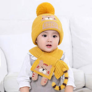 Yellow Bear woven Stretchable Woolen Winter Cap for Kids with Matching Neck Muffler Set (3-10yrs) - Little Surprise BoxYellow Bear woven Stretchable Woolen Winter Cap for Kids with Matching Neck Muffler Set (3-10yrs)