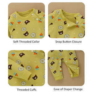 Yellow Brown Bear/Doughnut Print Romper Unisex Kids Wear - 0 - 9 months Kids Clothing