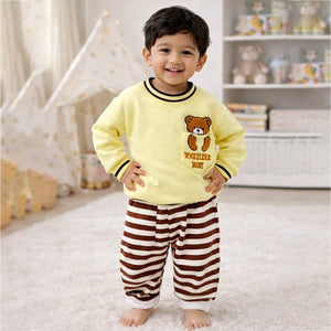 Yellow & Brown Pocket Bear fleece winter Tracksuit Set for Kids - 1 - 2 Years Kids Clothing