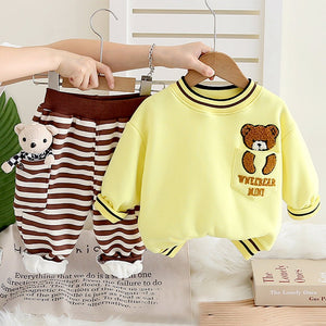 Yellow & Brown Pocket Bear fleece winter Tracksuit Set for Kids - 1 - 2 Years Kids Clothing