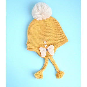 Yellow Butterfly Knitted soft Woolen Winter Cap with tie up, 6 - 18 months - 6 - 18 Months Winter Wear