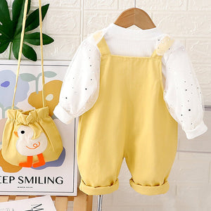 Yellow Duck Dungaree with White Frill T-shirt, 2 Pcs Clothing Set For Toddlers And Kids - 1 - 2 Years Kids Clothing