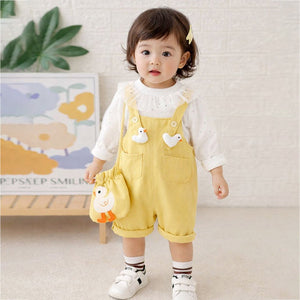 Yellow Duck Dungaree with White Frill T-shirt, 2 Pcs Clothing Set For Toddlers And Kids - 1 - 2 Years Kids Clothing