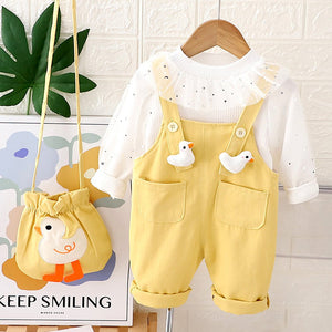 Yellow Duck Dungaree with White Frill T-shirt, 2 Pcs Clothing Set For Toddlers And Kids - 1 - 2 Years Kids Clothing