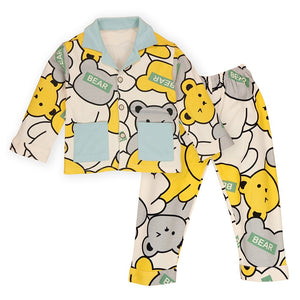 Yellow Grey Bear print soft Cotton Kids Nightsuit - 3 - 4 Years Nightsuits
