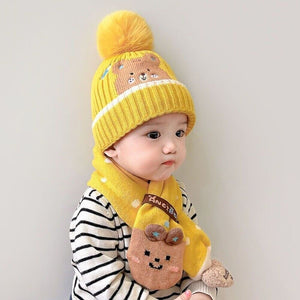 Yellow Ted Winter Cap Beanie & matching Neck Muffler 2pcs Set, 3yrs- 8yrs - Little Surprise BoxYellow Ted Winter Cap Beanie & matching Neck Muffler 2pcs Set, 3yrs- 8yrs