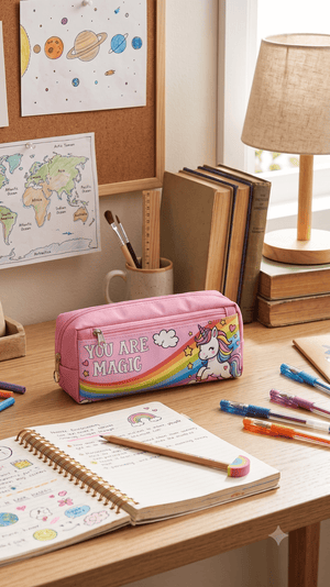 You Are Magic Rainbow Unicorn High-Capacity Canvas Pencil Case for Kids - Stationery