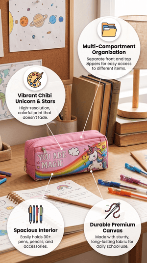 You Are Magic Rainbow Unicorn High-Capacity Canvas Pencil Case for Kids - Stationery