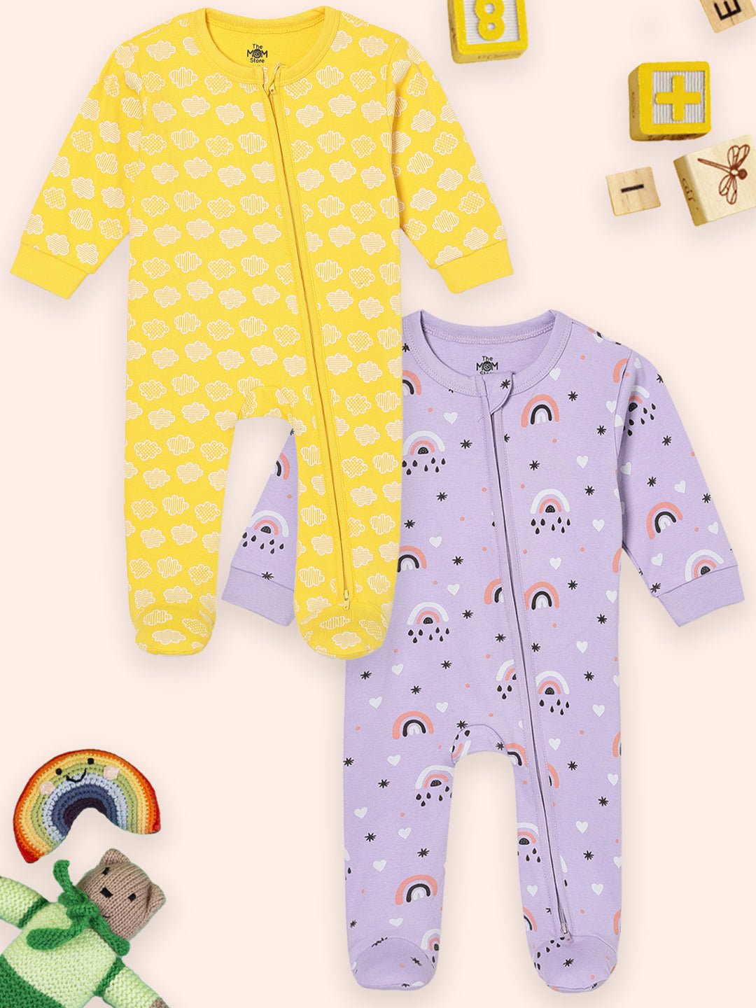 Zipper Romper Combo of 2: Buttercream Clouds and Lavender Twinkle Zipper Romper - ROM2 - ZP - BCRLT - PM