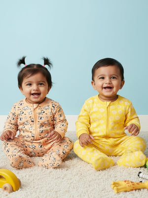 Zipper Romper Combo of 2: Buttercream Clouds and Rusty Jungle Zipper Romper - Preemie Baby Romper