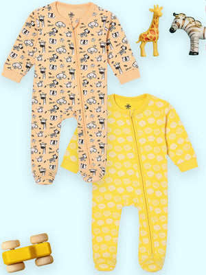 Zipper Romper Combo of 2: Buttercream Clouds and Rusty Jungle Zipper Romper - ROM2 - ZP - BCRSJ - PM