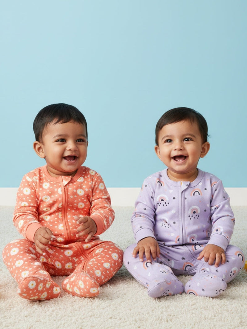 Zipper Romper Combo of 2: Coral Blossom and Lavender Infant Zipper Romper