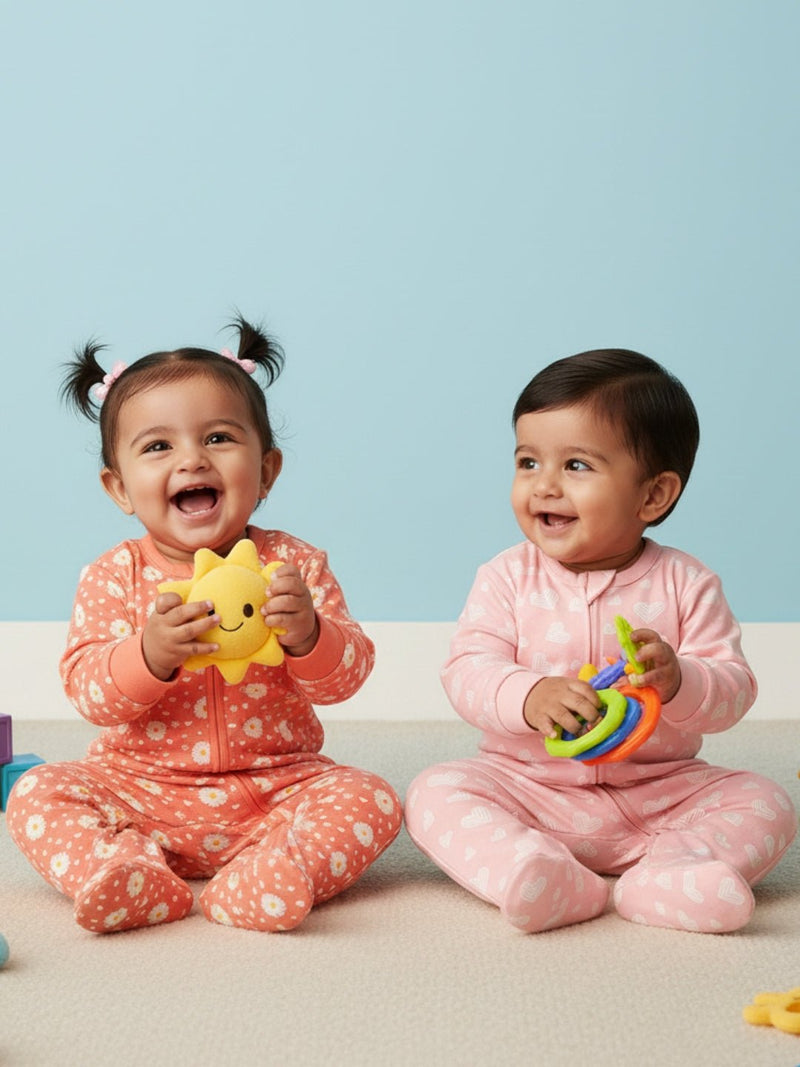 Zipper Romper Combo of 2: Coral Blossom and Rosy Hearts Infant Zipper Romper