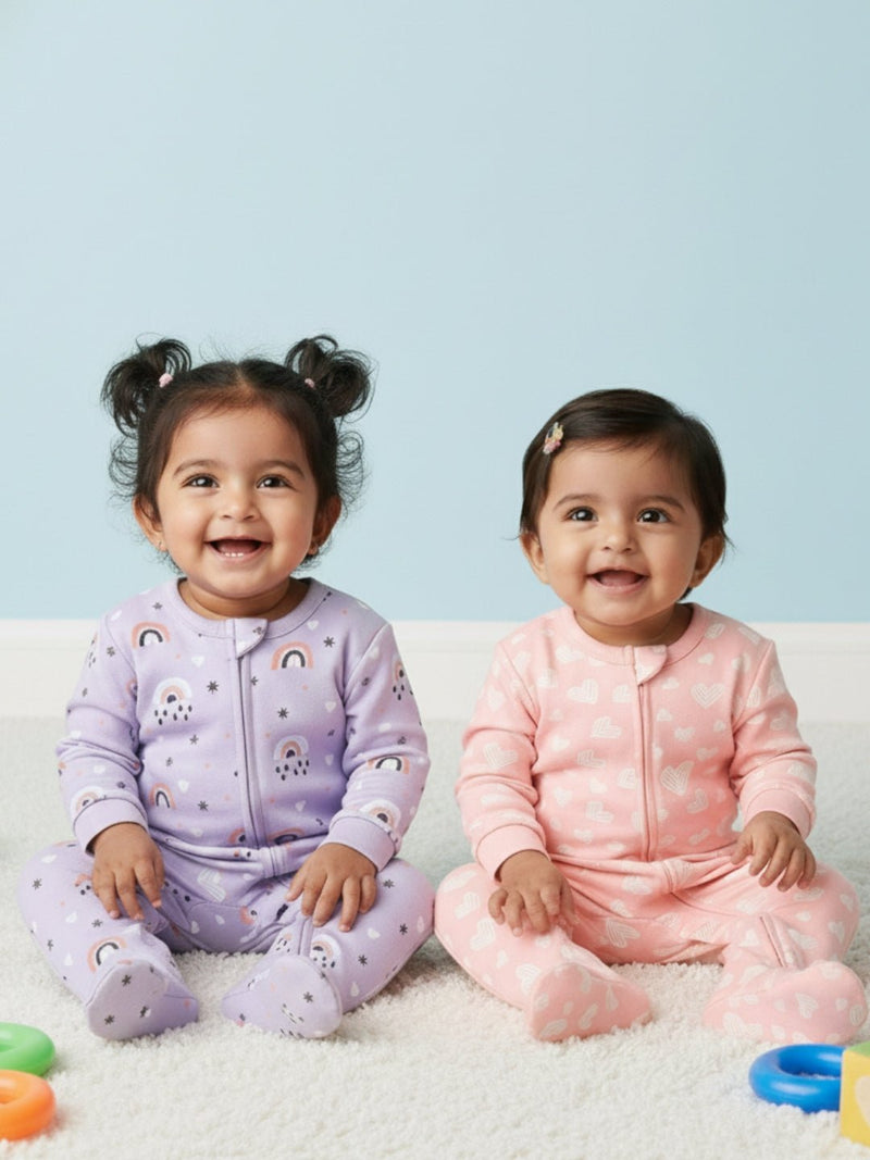 Zipper Romper Combo of 2: Lavender Twinkle and Rosy Hearts Zipper Romper