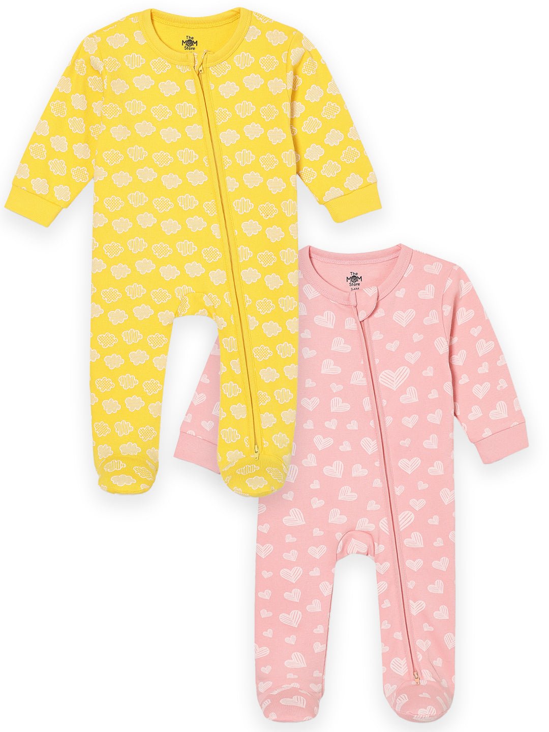 Zipper Romper Combo of 2: Rosy Hearts and Buttercream Clouds Zipper Romper - ROM2 - ZP - RSHBC - PM