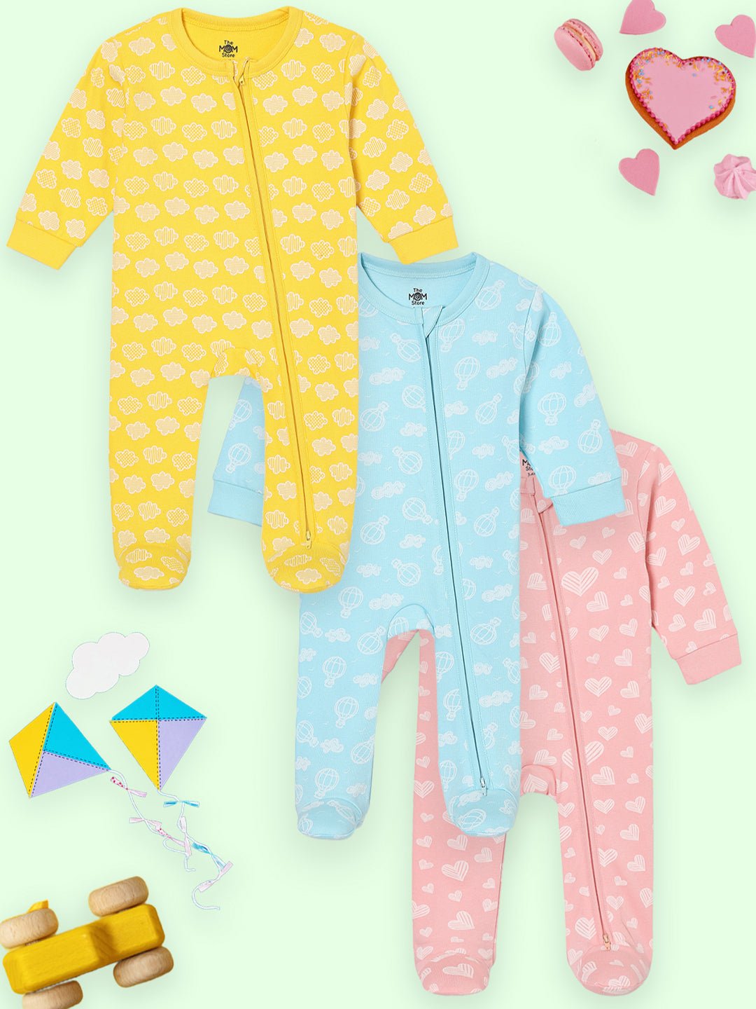 Zipper Romper Combo of 3: Buttercream Clouds, Sky Drift and Rosy Hearts Infant Zipper Romper - ROM3 - ZP - BCSDRH - PM