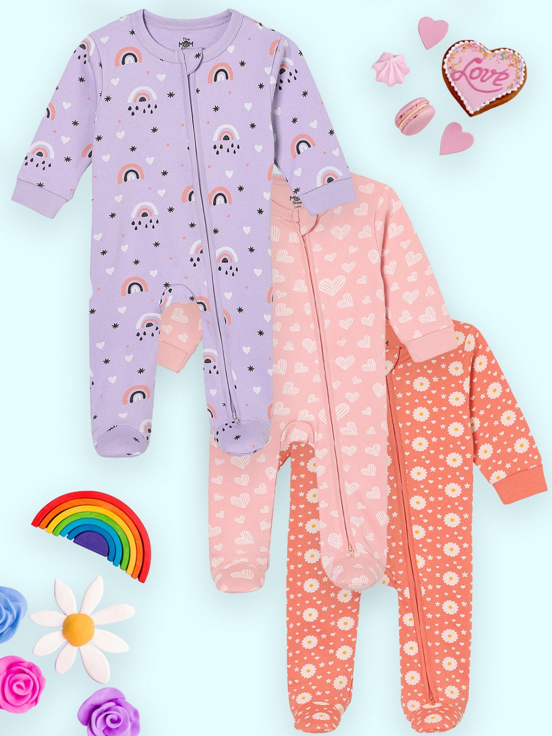 Zipper Romper Combo of 3: Lavender Twinkle, Coral Blossom and Rosy Hearts Infant Zipper Romper - ROM3 - ZP - LTCRH - PM