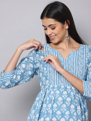 Aasmaani Rang Floral Maternity and Nursing Kurta Set With Dupatta