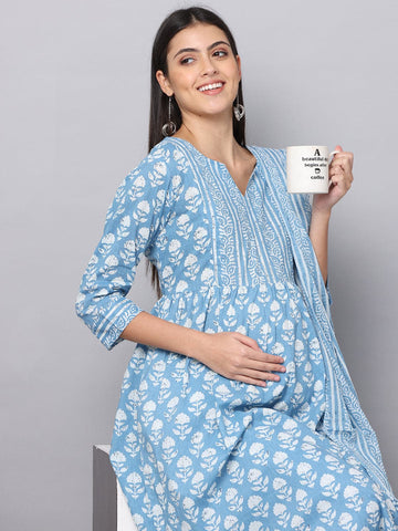 Aasmaani Rang Floral Maternity and Nursing Kurta Set With Dupatta