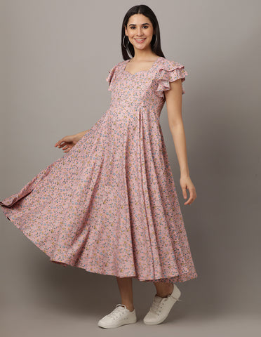 Pastel Pink Ditsy Flower Maternity and Nursing Maxi Dress