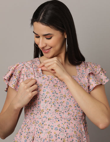 Pastel Pink Ditsy Flower Maternity and Nursing Maxi Dress