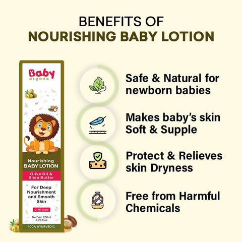 Baby Organo Nourishing Baby Lotion for Deep Nourishment and Smooth Skin, Non-Sticky Formula, 100% Ayurvedic - BOLOTION