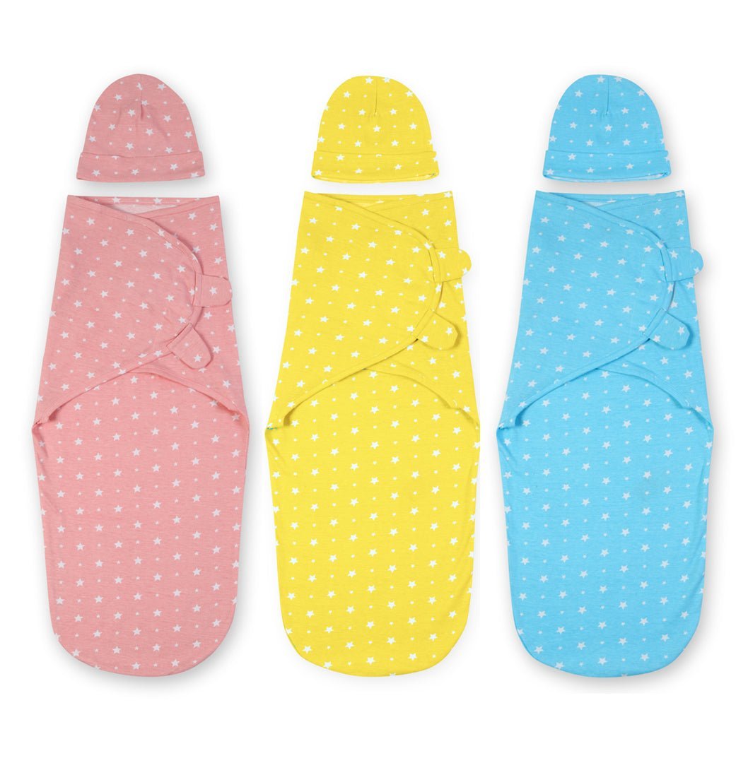 Baby Swaddle Combo- Blue, Pink & Yellow Star - SWD3-MP-BPNYL