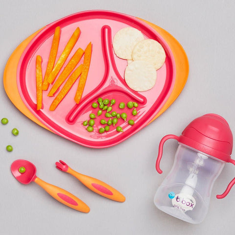 B.Box Feeding Set - Divider Plate, Sippy Cup & Cutlery Set - Strawberry Pink - 392