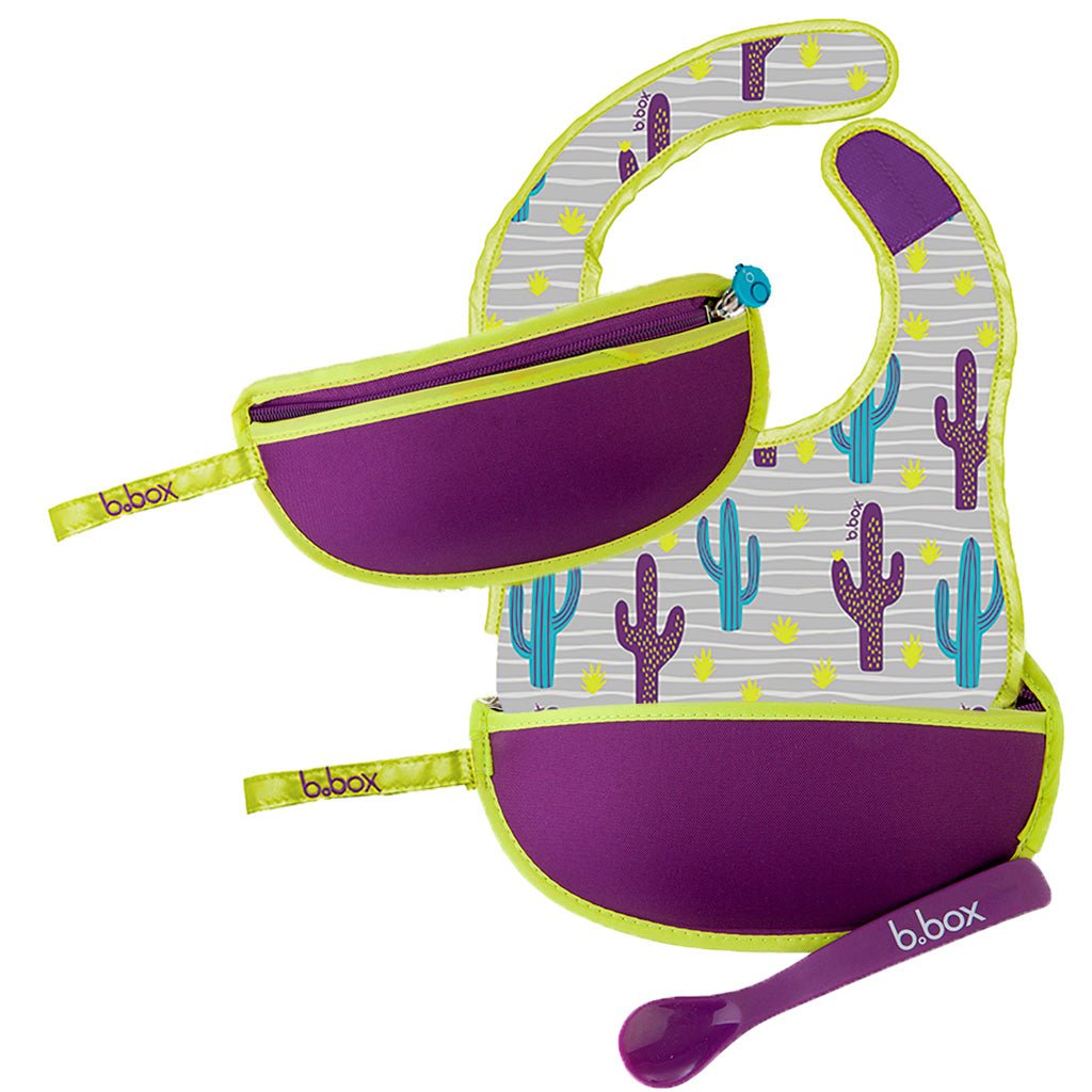 B.Box Travel Bib & Flexible Soft Bite Spoon Set - Cactus Capers Purple Grey - 592